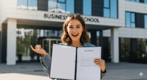 Une étudiante souriante tenant un dossier de candidature devant une école de commerce, illustrant la réussite d'une lettre de motivation pour une école de commerce.