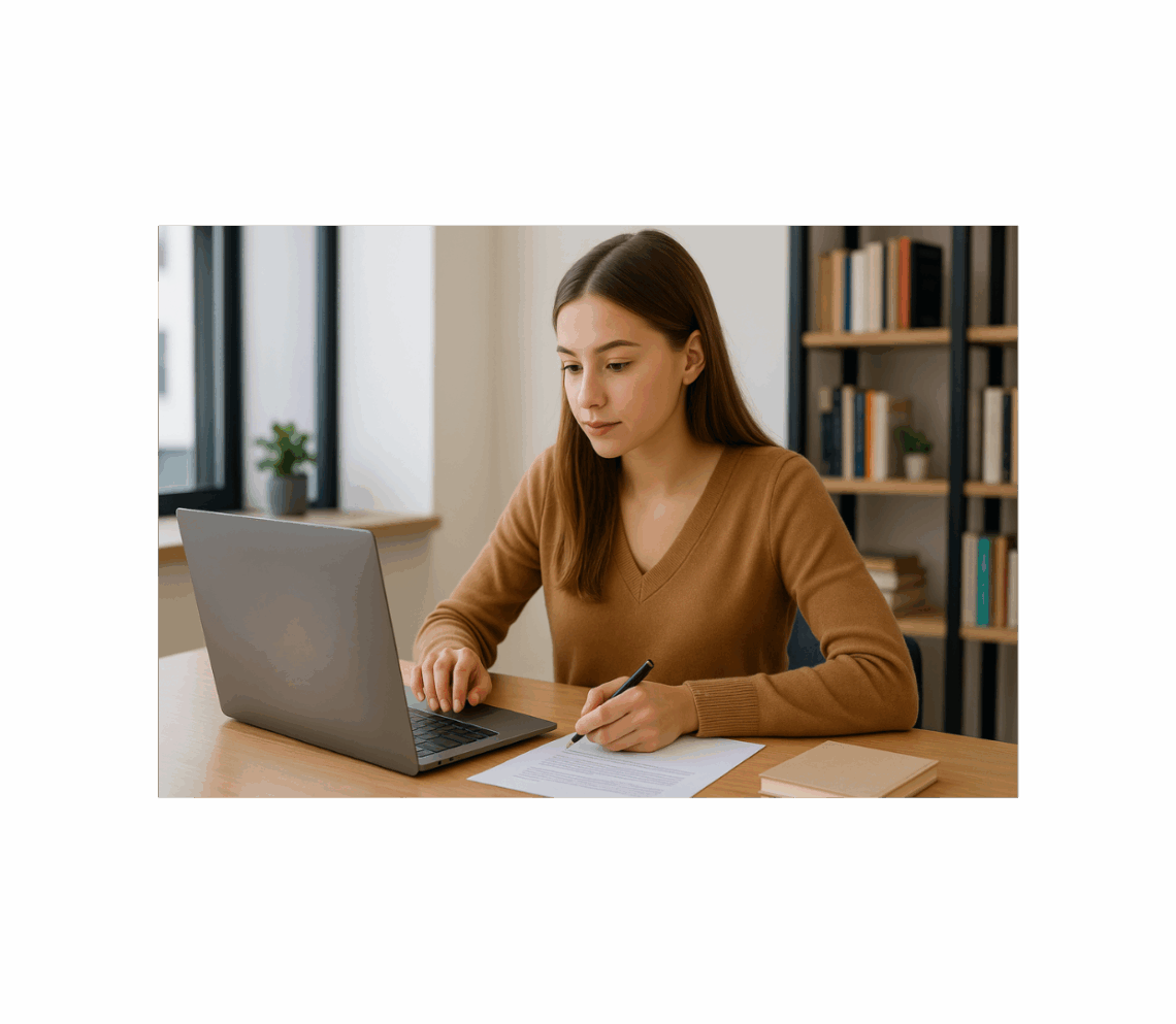 Jeune femme travaillant sur ordinateur pour préparer sa lettre de motivation pour école de commerce