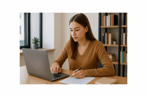 Jeune femme travaillant sur ordinateur pour préparer sa lettre de motivation pour école de commerce